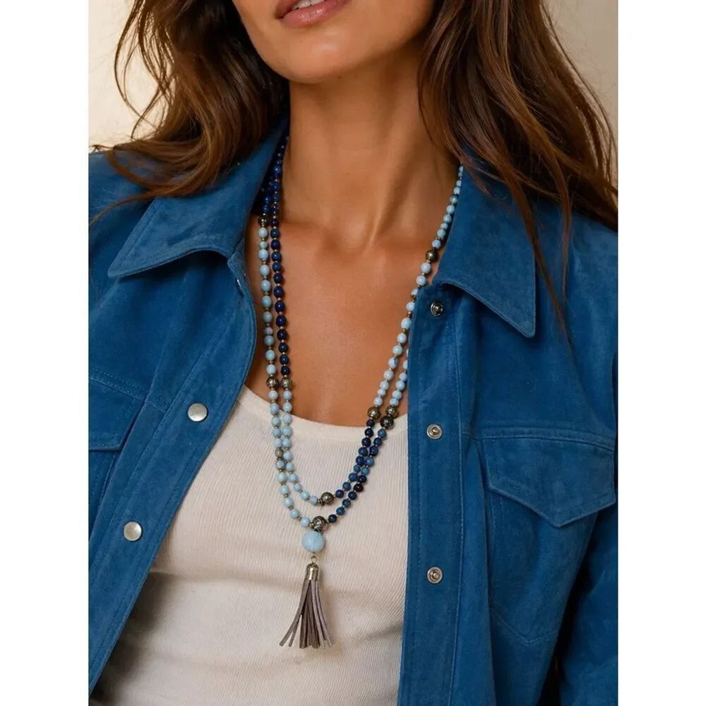 Maryln Schiff Blue and White Marble Beaded Necklace with Tassel